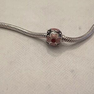 Pandora Silver Flower Charm with Pink Enamel and Red Center